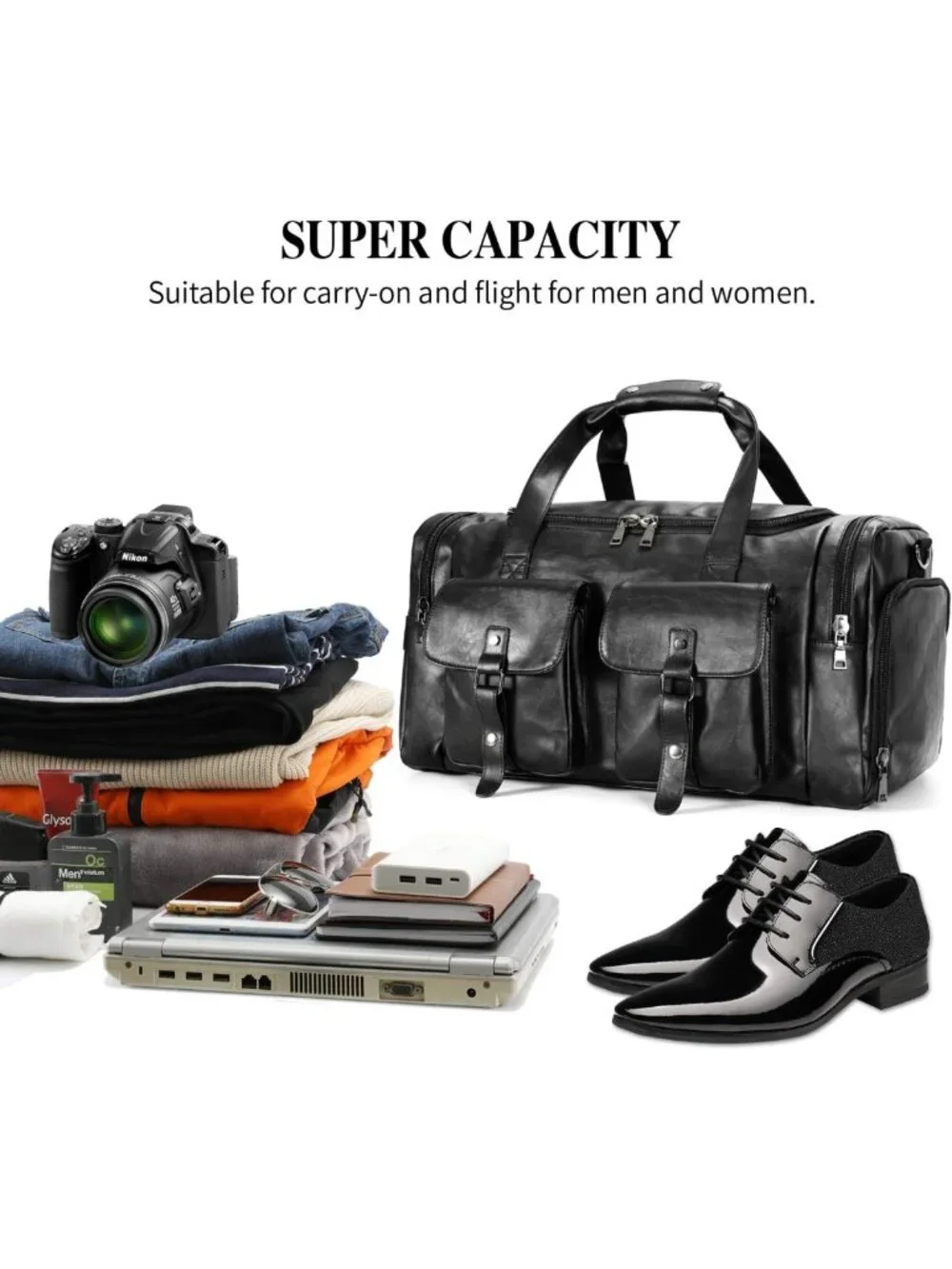 Stylish PU Leather Travel Duffel Bag with Shoe Pouch - Weekender & Overnight Bag